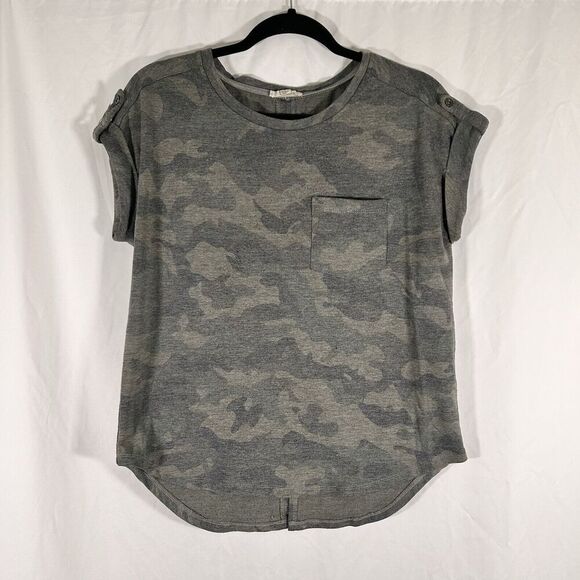 Jane Delancey Blouse Women's Medium Green Camo Short Sleeve Round Neck - Picture 1 of 10